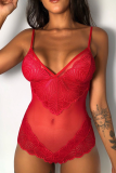 Red Sexy Solid Patchwork See-through Mesh Lingerie