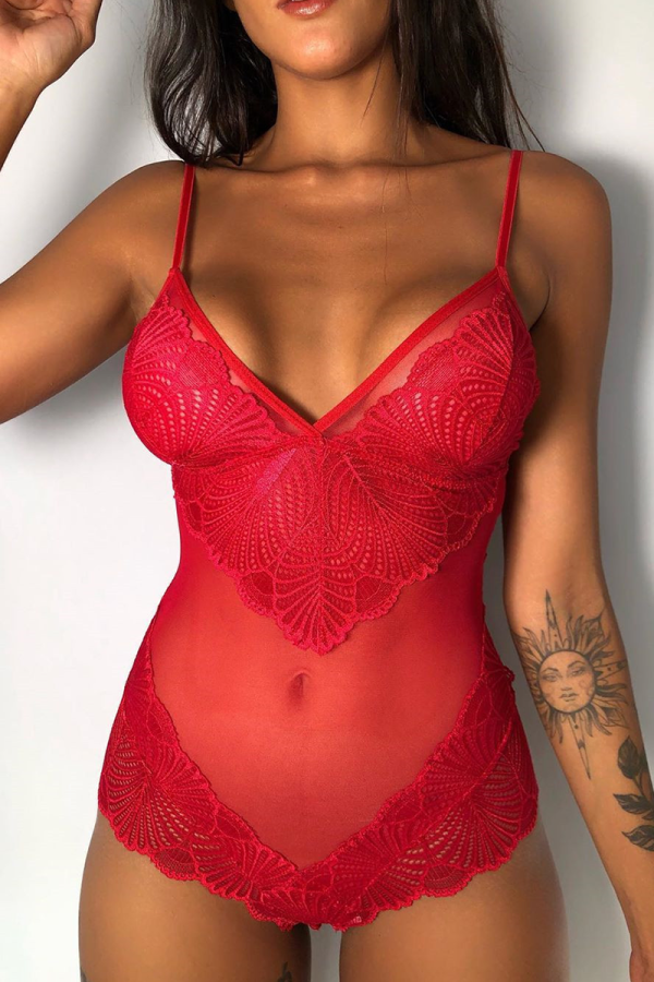 Rode sexy effen patchwork doorzichtige mesh-lingerie