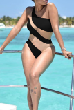 Black Sexy Color Block See-through One Shoulder Skinny Bodysuits
