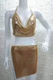 Lantejoulas dourada sexy patchwork frênulo regular cintura média reta cor sólida fundo