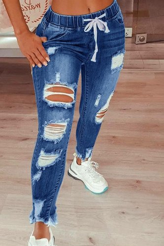 Dark Blue Fashion Casual Solid Mid Waist Regular Ripped Denim Jeans