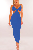 Color Blue Sexy Solid Hollowed Out Split Joint Spaghetti Strap Pencil Skirt Dresses