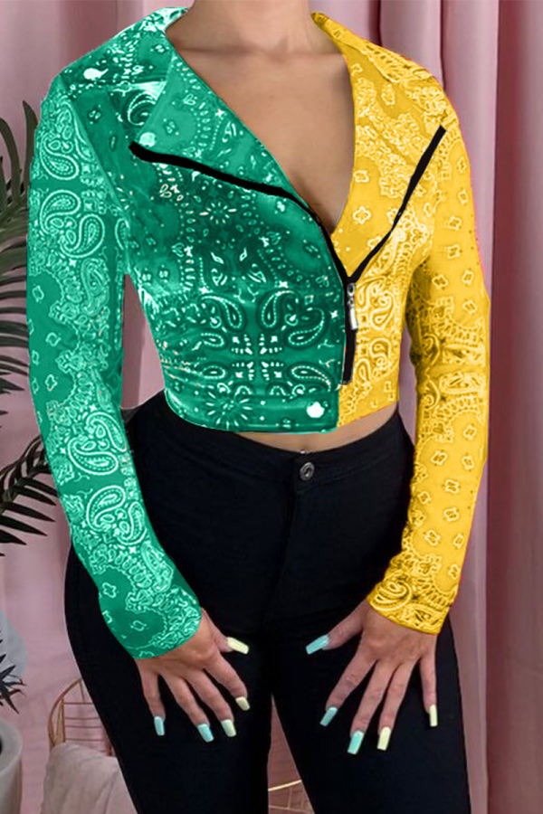 Capispalla con colletto couverture patchwork con stampa casual verde giallo