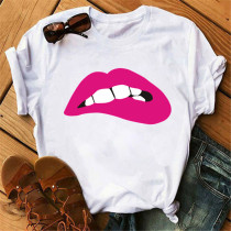 Rose Red Fashion Casual Lips Imprimé Basic O Neck Tops