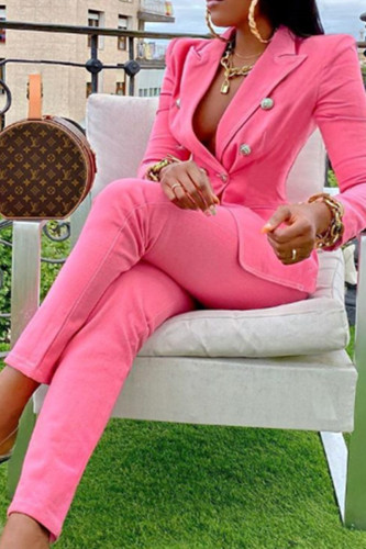 ピンクファッションカジュアルソリッドベーシックターンダウンカラー長袖ツーピース