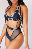 White Sexy Print Patchwork Buckle Cross Straps Letter Swimwears