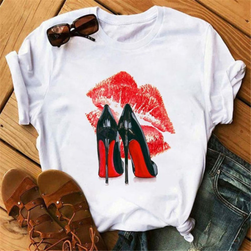 Red Black Fashion Casual Lips Stampato Basic O Neck Top