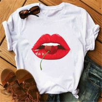 Red Fashion Casual Lips stampato Basic O Neck Top
