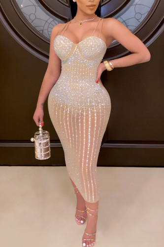 Apricot Sexy Geometric Hot Drill Spaghetti Strap Sling Dress Dresses