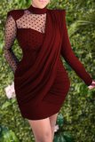 Rode mode casual volwassen twilled satijn patchwork effen patchwork O-hals lange mouw mini jurk met lange mouwen jurken