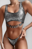 Rose Red Sexy Animal Print Patchwork Chains Swimwears