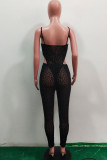 Black Fashion Sexy Print See-through Backless Spaghetti Strap Sleeveless Two Pieces