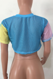 Veelkleurige sexy patchwork tie-dye mesh O-hals tops