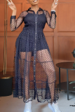 Черное сексуальное сетчатое платье в стиле пэчворк с отложным воротником и принтом Платья