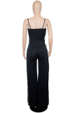 Black Sexy Solid High Opening Spaghetti Strap Regular Jumpsuits