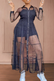 Zwarte sexy print patchwork mesh turndown kraag mesh jurk jurken