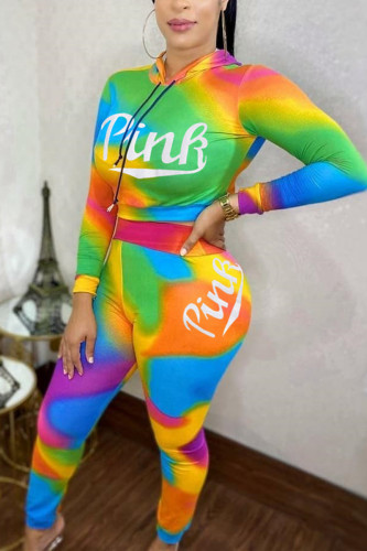 Colorful Fashion Casual Long Sleeve Hooded Collar Regular Sleeve Regular Letter Print Tie Dye Two Pieces