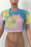 Veelkleurige sexy patchwork tie-dye mesh O-hals tops