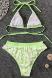Green Sexy Print Leopard Backless Swimwears