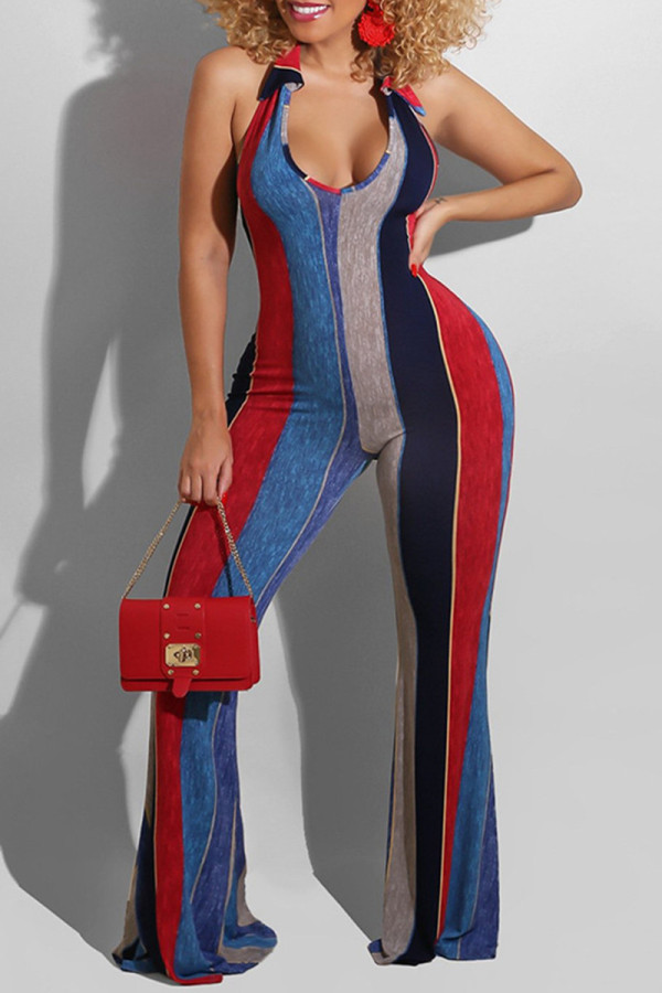 Red Fashion Sexy Striped Print Backless Halfter Regular Jumpsuits