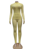 Yellow British Style Solid Hollowed Out See-through O Neck Long Sleeve Two Pieces