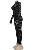 Black British Style Solid Hollowed Out See-through O Neck Long Sleeve Two Pieces