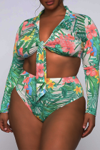 Green Sexy Print Embroidered Split Joint Turndown Collar Plus Size 