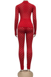 Red British Style Solid Hollowed Out See-through O Neck Long Sleeve Two Pieces