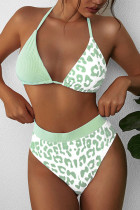 Gröna sexiga tryck leopard rygglösa badkläder