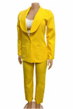 Yellow Fashion Casual Solid Cardigan Pants Turn-back Collar Long Sleeve Two Pieces