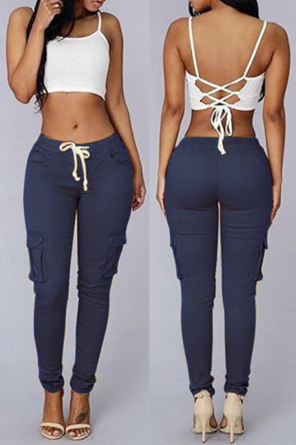 Tibetan Blue Fashion Casual Solid Basic Regular Mid Waist Trousers
