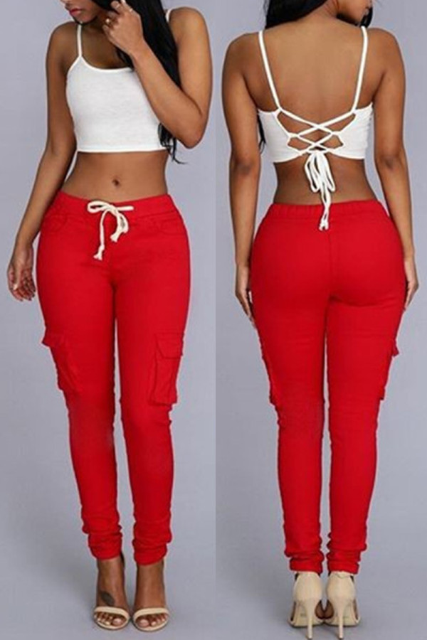 Pantalones de cintura media regulares básicos sólidos casuales de moda rojo