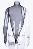 Schwarzer, sexy Rollkragen-Body mit Rollkragen aus festem Netzstoff
