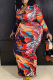Estampado casual de moda multicolor sin cinturón manga larga vestido de talla grande