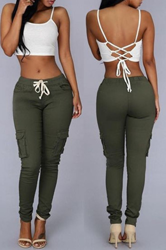 Army Green Fashion Casual Solid Basic Regular Mid Waist Trousers