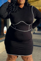 Vestido negro de talla grande, manga larga, informal, de patchwork liso, cuello redondo