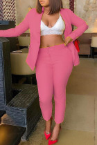 Pink Fashion Casual Solid Cardigan Pants Turn-Back-Kragen Langarm Zwei Stücke
