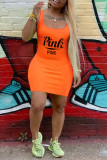 Оранжевое сексуальное повседневное платье-жилет с квадратным воротником и буквенным принтом