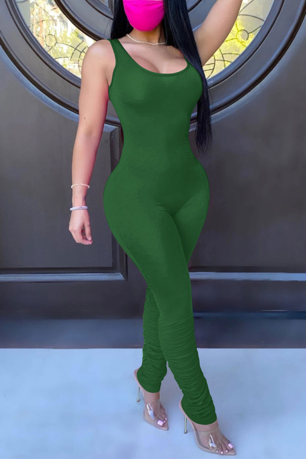 Army Green Fashion Casual Solid Fold U-Ausschnitt Skinny Jumpsuits