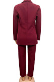 Burgundy Fashion Casual Solid Cardigan Pants Turn-back Collar Long Sleeve Two Pieces