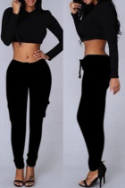 Calças pretas moda casual sólida básica regular cintura média