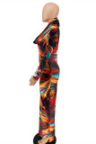 Estampado casual de moda multicolor sin cinturón manga larga vestido de talla grande