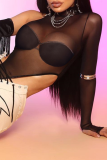 Black Sexy Solid Mesh Turtleneck Skinny Bodysuits