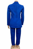 Royal Blue Fashion Casual Solid Cardigan Pants Turn-back Collar Long Sleeve Two Pieces
