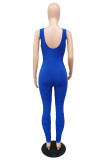 Kleur Blauw Mode Casual Effen Skinny Jumpsuits met U-hals