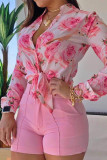 Pink Fashion Casual Print Basic V Neck Tops