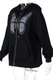 Black Fashion Casual Butterfly Print Basic Hooded Collar Outerwear