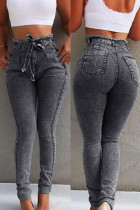 Calça jeans skinny cinza moda casual sólida básica cintura média