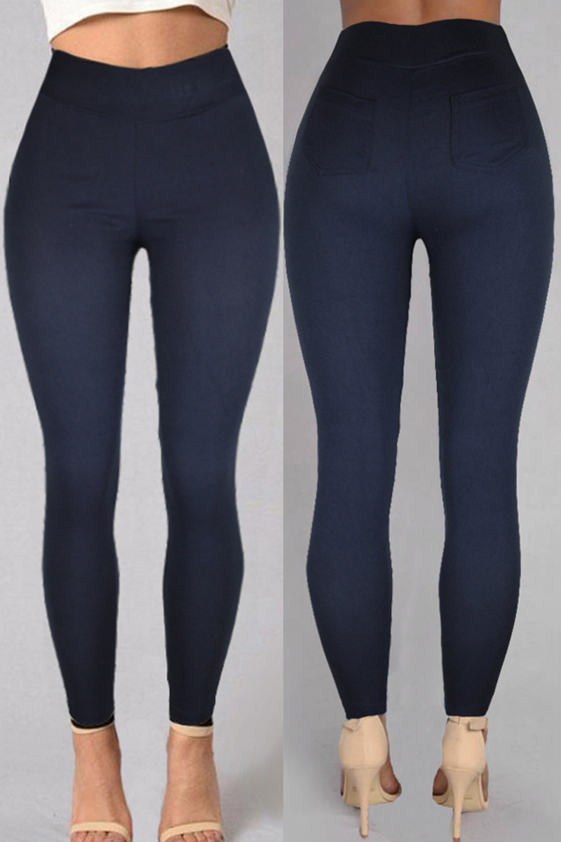 

Tibetan Blue Fashion Casual Solid Basic Skinny High Waist Pencil Trousers