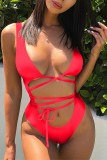 Red Sexy Solid Backless Swimwears